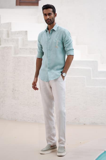 Shop Asuka Blue Linen Embroidery Tree Thread Shirt at Aza Fashions Shop_Asuka_Blue Linen Embroidery Tree Thread Shirt _at_Aza_Fashions