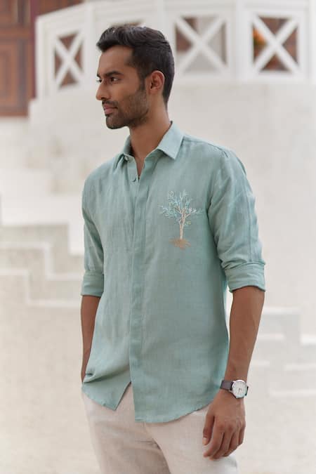 Asuka Blue Linen Embroidery Tree Thread Shirt Online at Aza Fashions Asuka_Blue Linen Embroidery Tree Thread Shirt _Online_at_Aza_Fashions