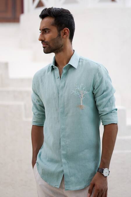 Buy Asuka Blue Linen Embroidery Tree Thread Shirt Online at Aza Fashions Buy_Asuka_Blue Linen Embroidery Tree Thread Shirt _Online_at_Aza_Fashions