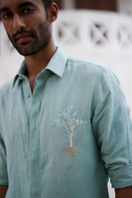 Shop Asuka Blue Linen Embroidery Tree Thread Shirt Online at Aza Fashions Shop_Asuka_Blue Linen Embroidery Tree Thread Shirt _Online_at_Aza_Fashions