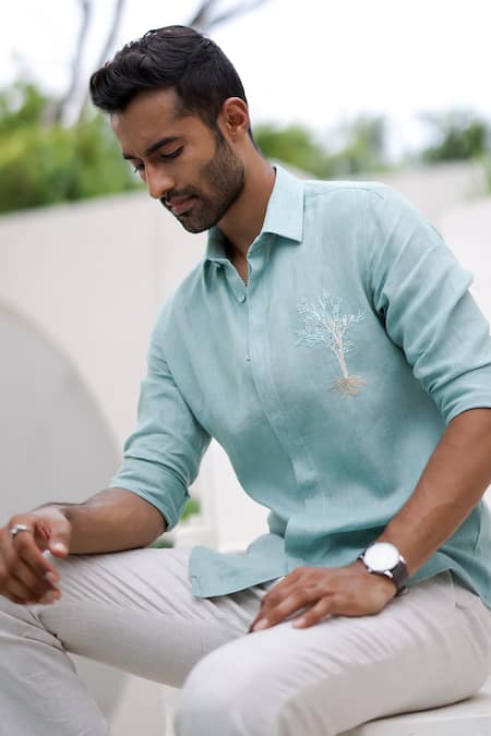 Asuka Blue Linen Embroidery Tree Thread Shirt at Aza Fashions Asuka_Blue Linen Embroidery Tree Thread Shirt _at_Aza_Fashions