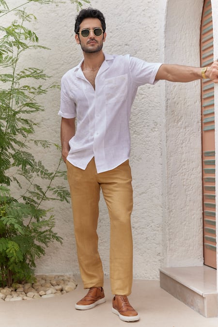 Shop_Asuka_White Linen Embroidery Hand Cuban Collar Shirt _at_Aza_Fashions