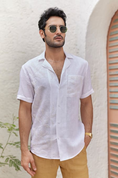Asuka_White Linen Embroidery Hand Cuban Collar Shirt _Online_at_Aza_Fashions
