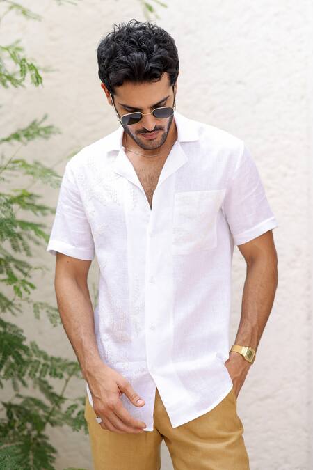 Buy_Asuka_White Linen Embroidery Hand Cuban Collar Shirt _Online_at_Aza_Fashions