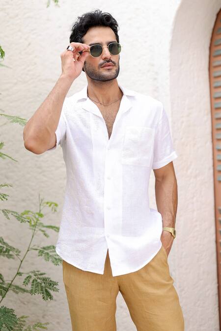 Shop_Asuka_White Linen Embroidery Hand Cuban Collar Shirt _Online_at_Aza_Fashions