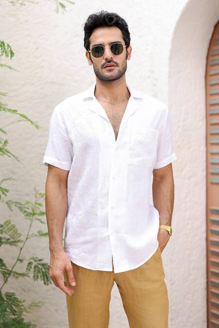 Asuka_White Linen Embroidery Hand Cuban Collar Shirt _at_Aza_Fashions