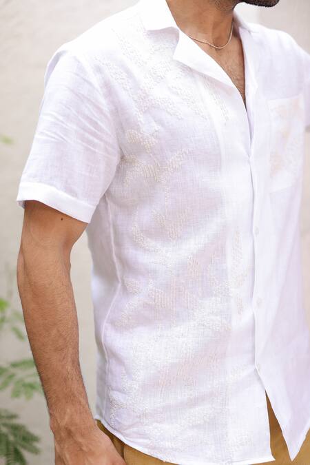 Buy_Asuka_White Linen Embroidery Hand Cuban Collar Shirt 