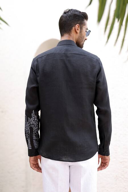 Shop Asuka Black Linen Embroidery City Resham Shirt at Aza Fashions Shop_Asuka_Black Linen Embroidery City Resham Shirt _at_Aza_Fashions