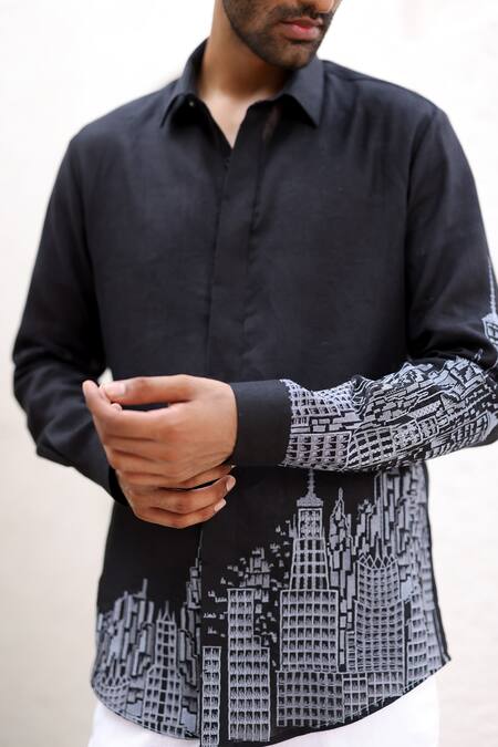 Asuka Black Linen Embroidery City Resham Shirt at Aza Fashions Asuka_Black Linen Embroidery City Resham Shirt _at_Aza_Fashions