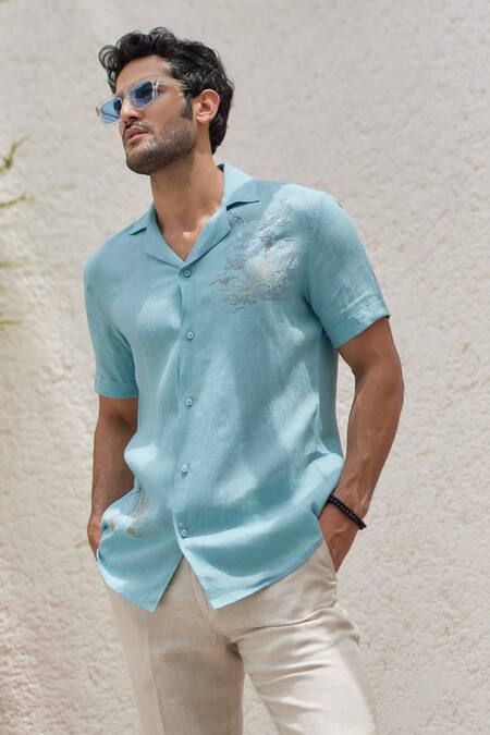 Buy_Asuka_Blue Linen Embroidery Beach Resham Shirt _Online_at_Aza_Fashions