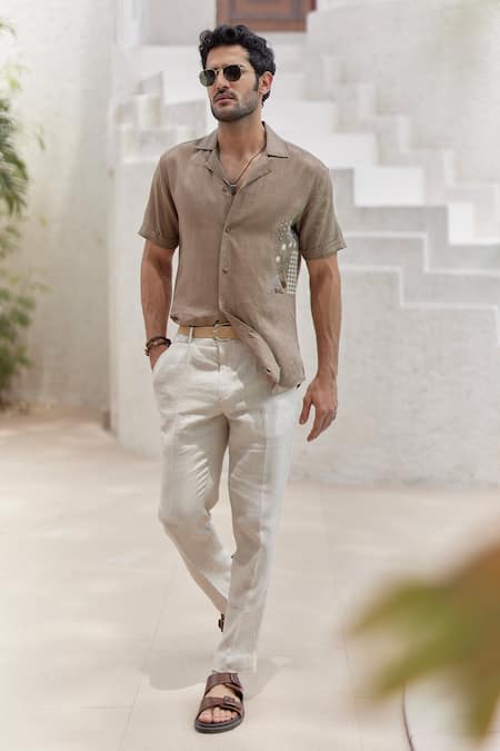 Shop_Asuka_Brown Linen Embroidery French Knot Work Cuban Shirt _at_Aza_Fashions