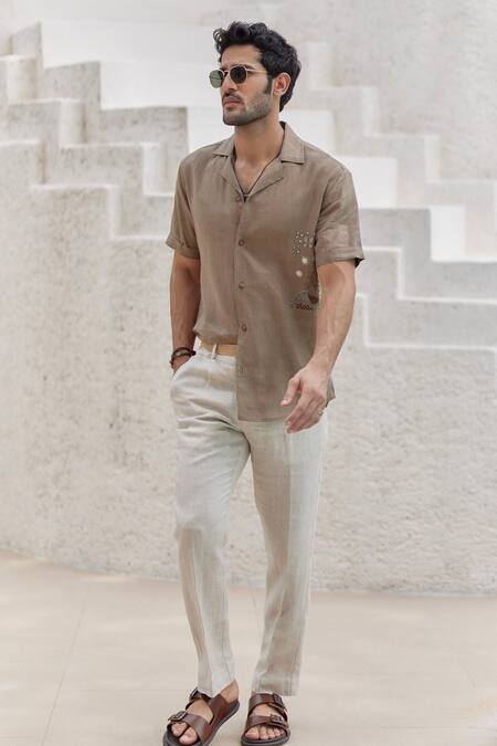 Asuka_Brown Linen Embroidery French Knot Work Cuban Shirt _Online_at_Aza_Fashions