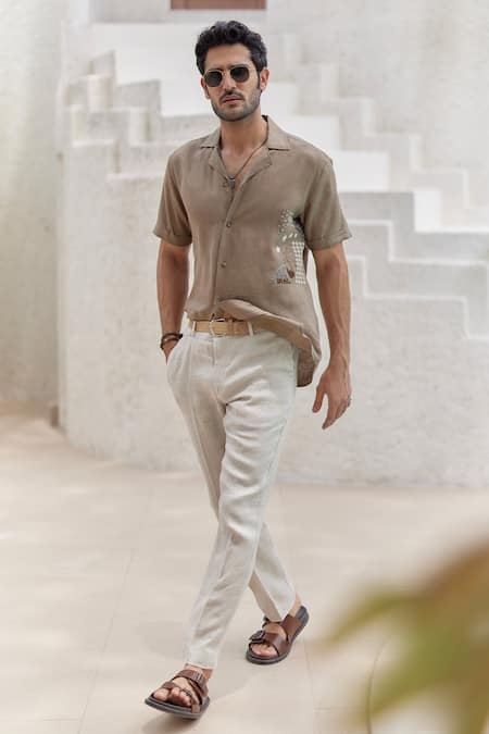 Buy_Asuka_Brown Linen Embroidery French Knot Work Cuban Shirt _Online_at_Aza_Fashions