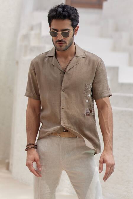 Shop_Asuka_Brown Linen Embroidery French Knot Work Cuban Shirt _Online_at_Aza_Fashions