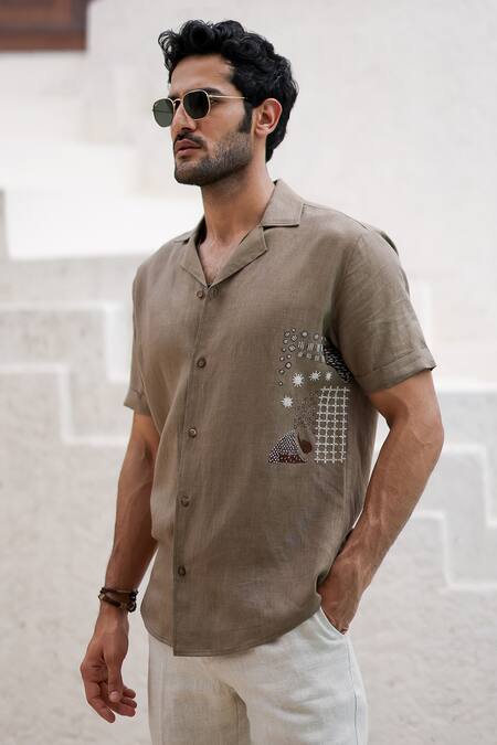 Asuka_Brown Linen Embroidery French Knot Work Cuban Shirt _at_Aza_Fashions