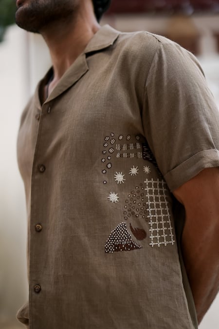 Buy_Asuka_Brown Linen Embroidery French Knot Work Cuban Shirt 