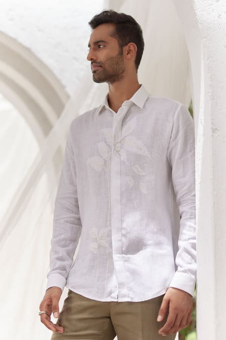 Shop_Asuka_White Linen Embroidery Leaf Applique Shirt _at_Aza_Fashions