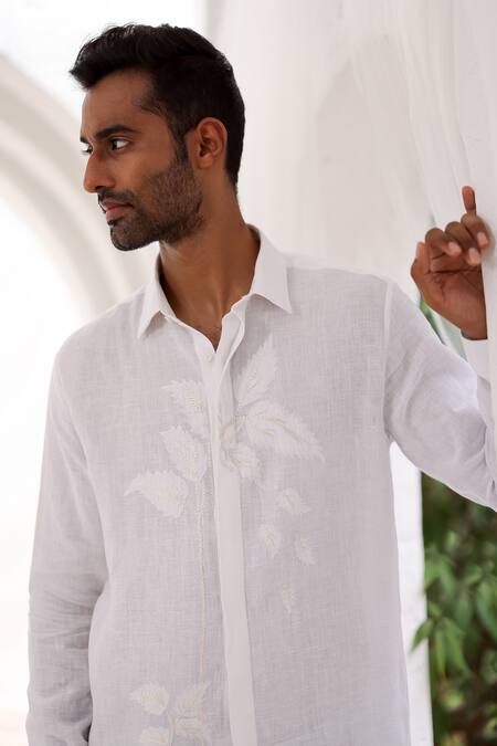 Asuka_White Linen Embroidery Leaf Applique Shirt _Online_at_Aza_Fashions