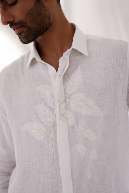 Buy_Asuka_White Linen Embroidery Leaf Applique Shirt _Online_at_Aza_Fashions