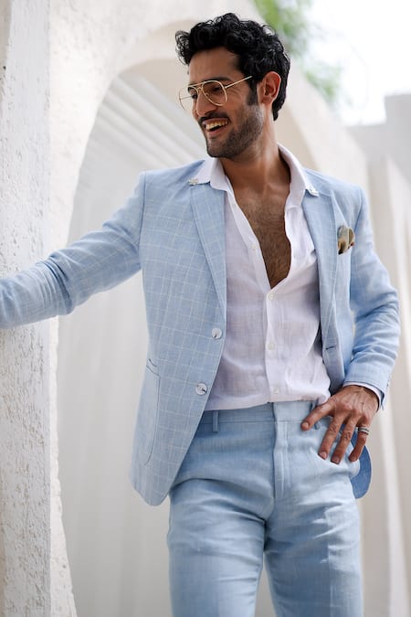 Buy_Asuka_Blue Linen Windowpane Checkered Blazer And Trouser Set 