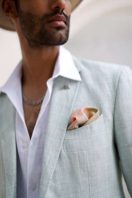 Asuka_Green Linen Windowpane Checkered Blazer And Trouser Set _Online_at_Aza_Fashions