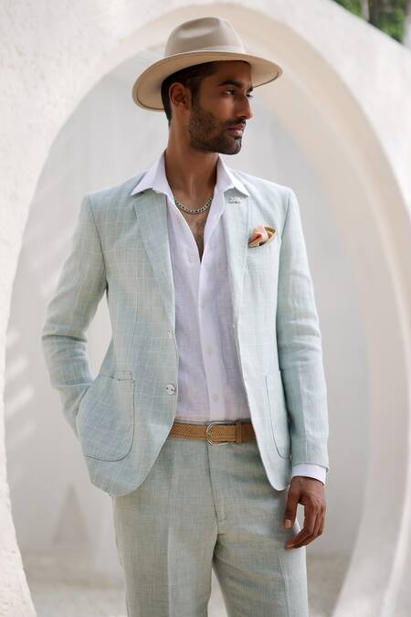 Asuka_Green Linen Windowpane Checkered Blazer And Trouser Set _at_Aza_Fashions