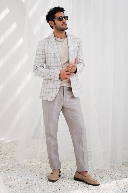 Asuka_Grey Linen Parchment Plaid Checkered Blazer And Trouser Set _Online_at_Aza_Fashions