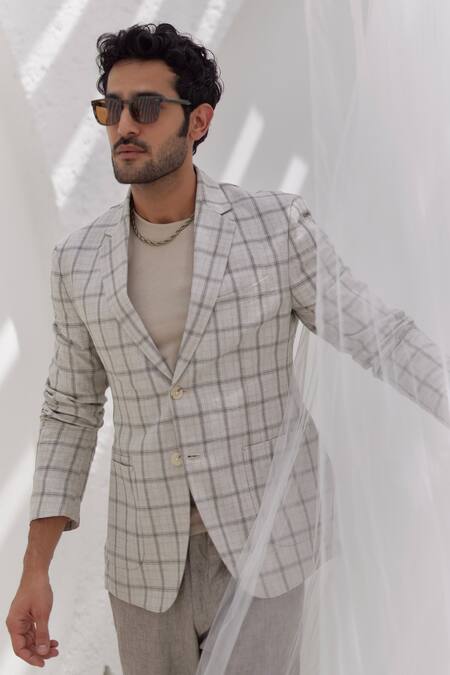 Buy_Asuka_Grey Linen Parchment Plaid Checkered Blazer And Trouser Set _Online_at_Aza_Fashions