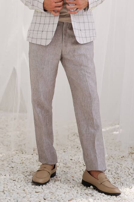 Shop_Asuka_Grey Linen Parchment Plaid Checkered Blazer And Trouser Set _Online_at_Aza_Fashions