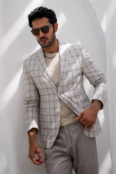 Asuka_Grey Linen Parchment Plaid Checkered Blazer And Trouser Set _at_Aza_Fashions