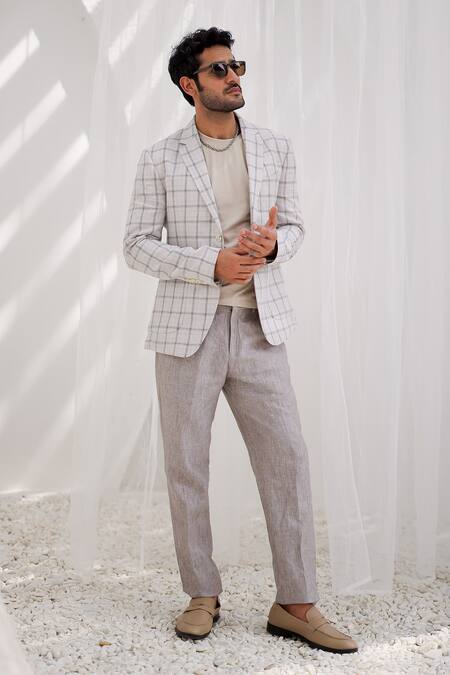 Shop_Asuka_Grey Linen Parchment Plaid Checkered Blazer And Trouser Set 
