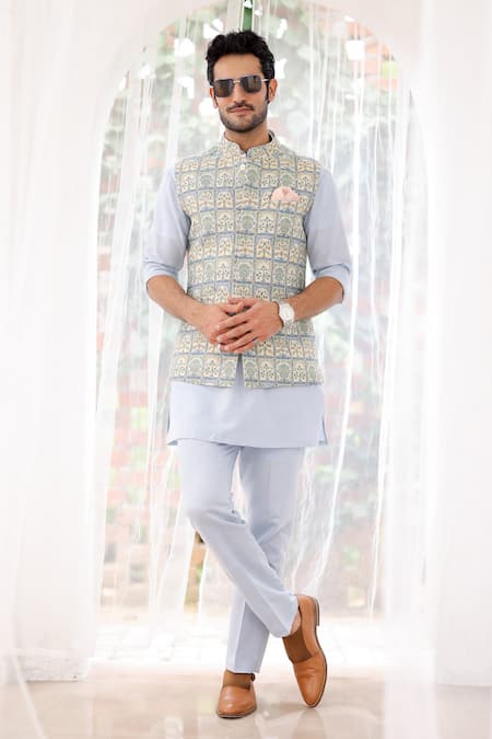 Asuka Blue Pure Linen Printed Floral Tile Bundi Kurta Set 