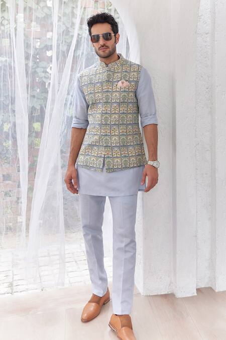 Asuka Blue Linen Embroidery Floral Tile Print Bundi Set Online at Aza Fashions Asuka_Blue Linen Embroidery Floral Tile Print Bundi Set _Online_at_Aza_Fashions