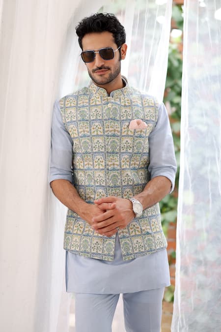 Shop Asuka Blue Linen Embroidery Floral Tile Print Bundi Set Online at Aza Fashions Shop_Asuka_Blue Linen Embroidery Floral Tile Print Bundi Set _Online_at_Aza_Fashions