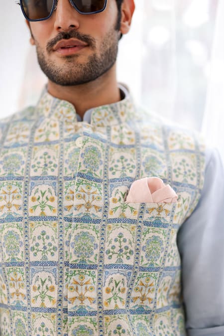 Asuka Blue Linen Embroidery Floral Tile Print Bundi Set at Aza Fashions Asuka_Blue Linen Embroidery Floral Tile Print Bundi Set _at_Aza_Fashions