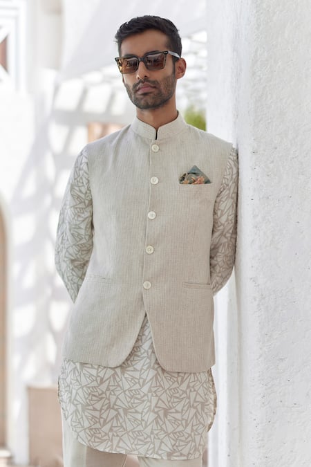 Asuka_Beige Linen Embroidery Kantha Stitch Bundi Kurta Set _Online_at_Aza_Fashions