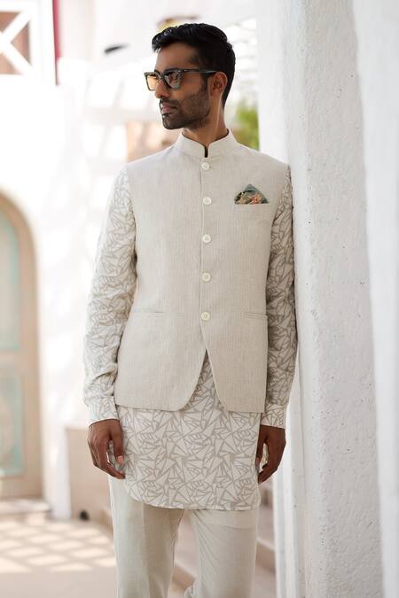 Shop_Asuka_Beige Linen Embroidery Kantha Stitch Bundi Kurta Set _Online_at_Aza_Fashions