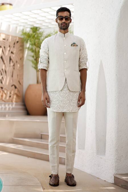 Asuka_Beige Linen Embroidery Kantha Stitch Bundi Kurta Set _at_Aza_Fashions