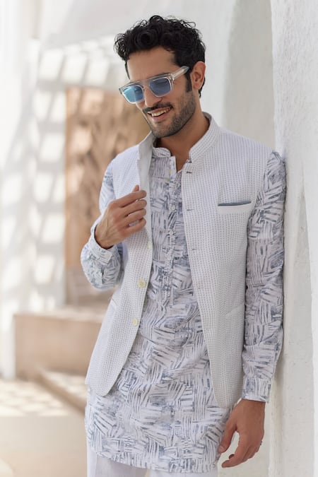 Shop_Asuka_Blue Linen Embroidery Kantha Stitch Bundi Kurta Set _Online_at_Aza_Fashions