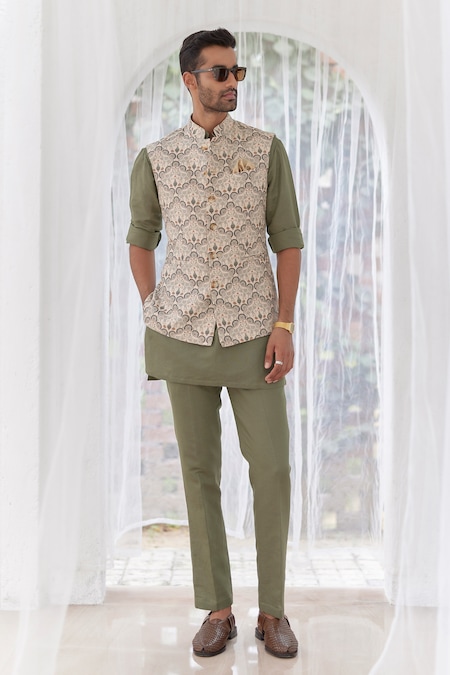 Asuka Green Linen Embroidery Mughal Print Olive Bundi Kurta Set 