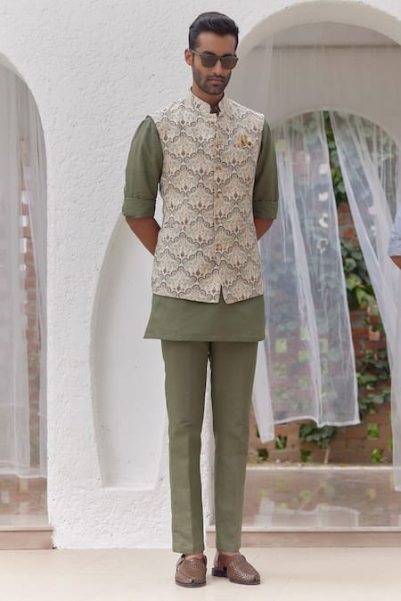 Asuka Mughal Print Olive Green Bundi Kurta Set 