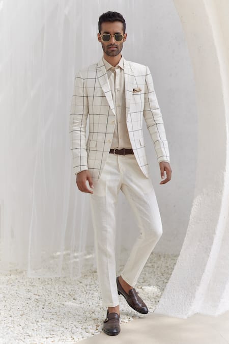 Asuka White Pure Linen Checkered Blazer And Pant Set 