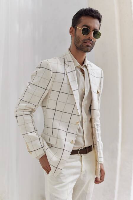 Shop Asuka White Linen Checkered Blazer And Pant Set Online at Aza Fashions Shop_Asuka_White Linen Checkered Blazer And Pant Set _Online_at_Aza_Fashions