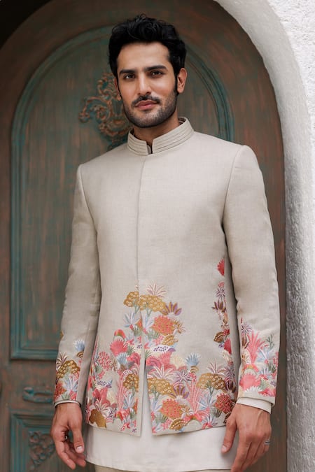 Asuka Beige Linen Embroidery Floral Bandhgala And Trouser Set Online at Aza Fashions Asuka_Beige Linen Embroidery Floral Bandhgala And Trouser Set _Online_at_Aza_Fashions