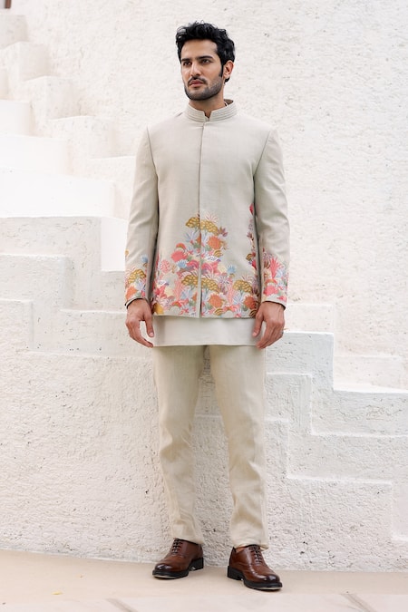 Buy Asuka Beige Linen Embroidery Floral Bandhgala And Trouser Set Online at Aza Fashions Buy_Asuka_Beige Linen Embroidery Floral Bandhgala And Trouser Set _Online_at_Aza_Fashions