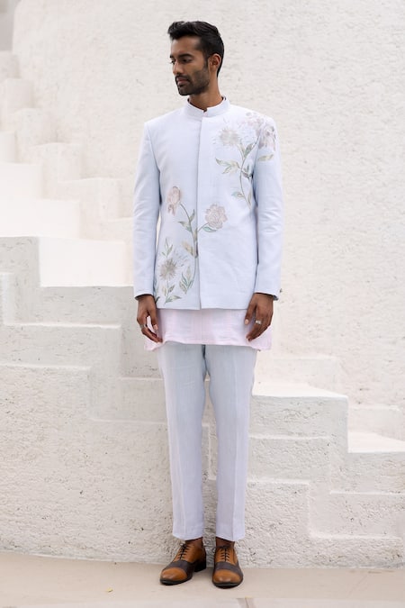 Asuka Blue Pure Linen Embroidered Resham Bandhgala Trouser Set 