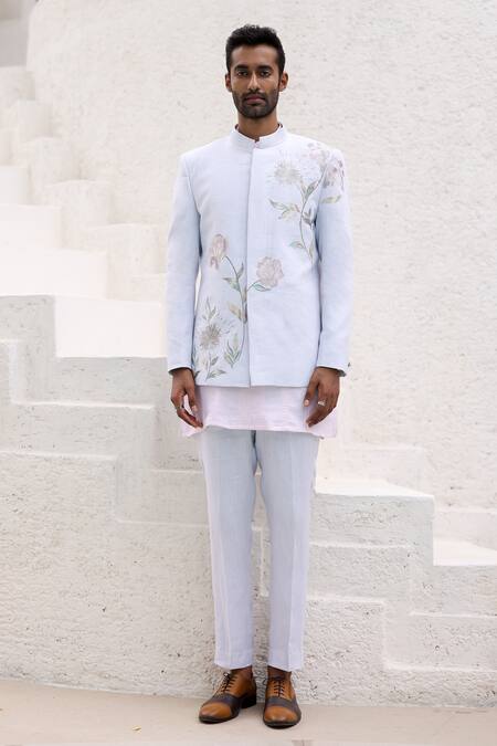 Buy_Asuka_Blue Pure Linen Embroidered Resham Bandhgala Trouser Set _Online_at_Aza_Fashions