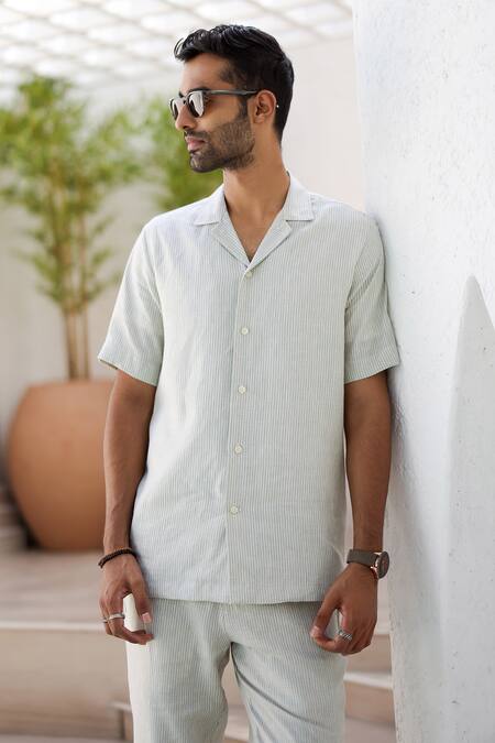 Asuka_Green Linen Cuban Collar Shirt And Trouser Set _Online_at_Aza_Fashions