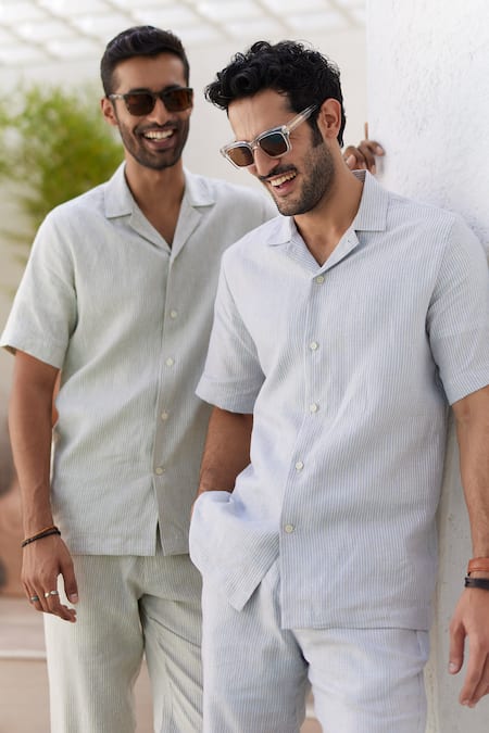 Asuka_Green Linen Cuban Collar Shirt And Trouser Set _at_Aza_Fashions