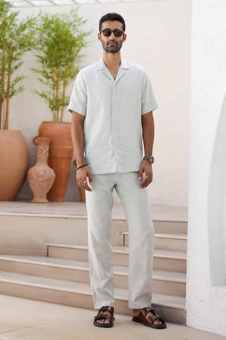Shop_Asuka_Green Linen Cuban Collar Shirt And Trouser Set 